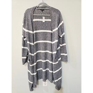 Talbots Plus 1X Black White Striped Marled Knit Open Front Long Cardigan Sweater
